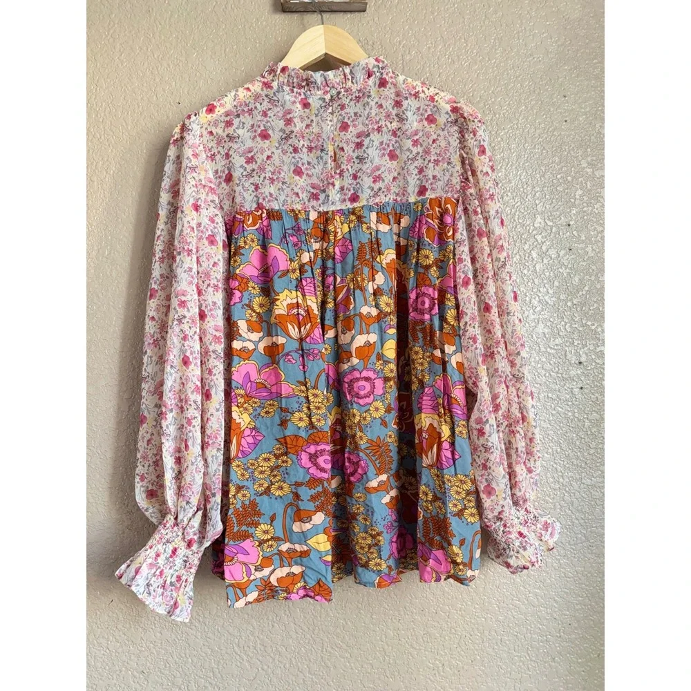 Jodifl Women Floral Patchwork Boho Babydoll Blouse Balloon Sleeve Blue Pink M